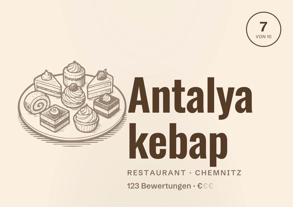Illustriertes Poster von Antalya kebap, Restaurant in Chemnitz: Bewertung 7 von 10 aus 123 Bewertungen, Preisniveau €