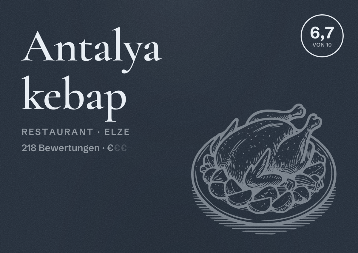 Illustriertes Poster von Antalya kebap, Restaurant in Elze: Bewertung 6,7 von 10 aus 218 Bewertungen, Preisniveau €