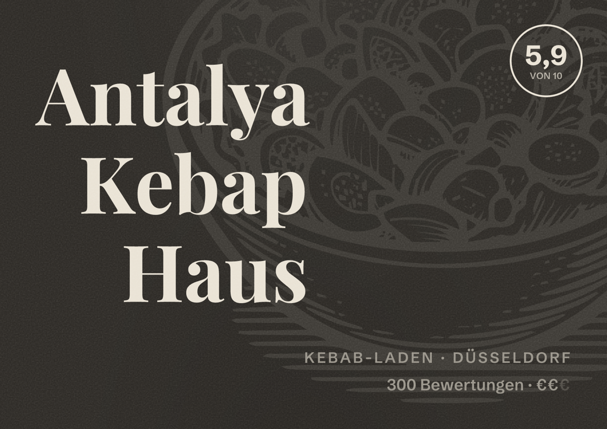 Illustriertes Poster von Antalya Kebap Haus, Kebab-Laden in Düsseldorf: Bewertung 5,9 von 10 aus 300 Bewertungen, Preisniveau €€
