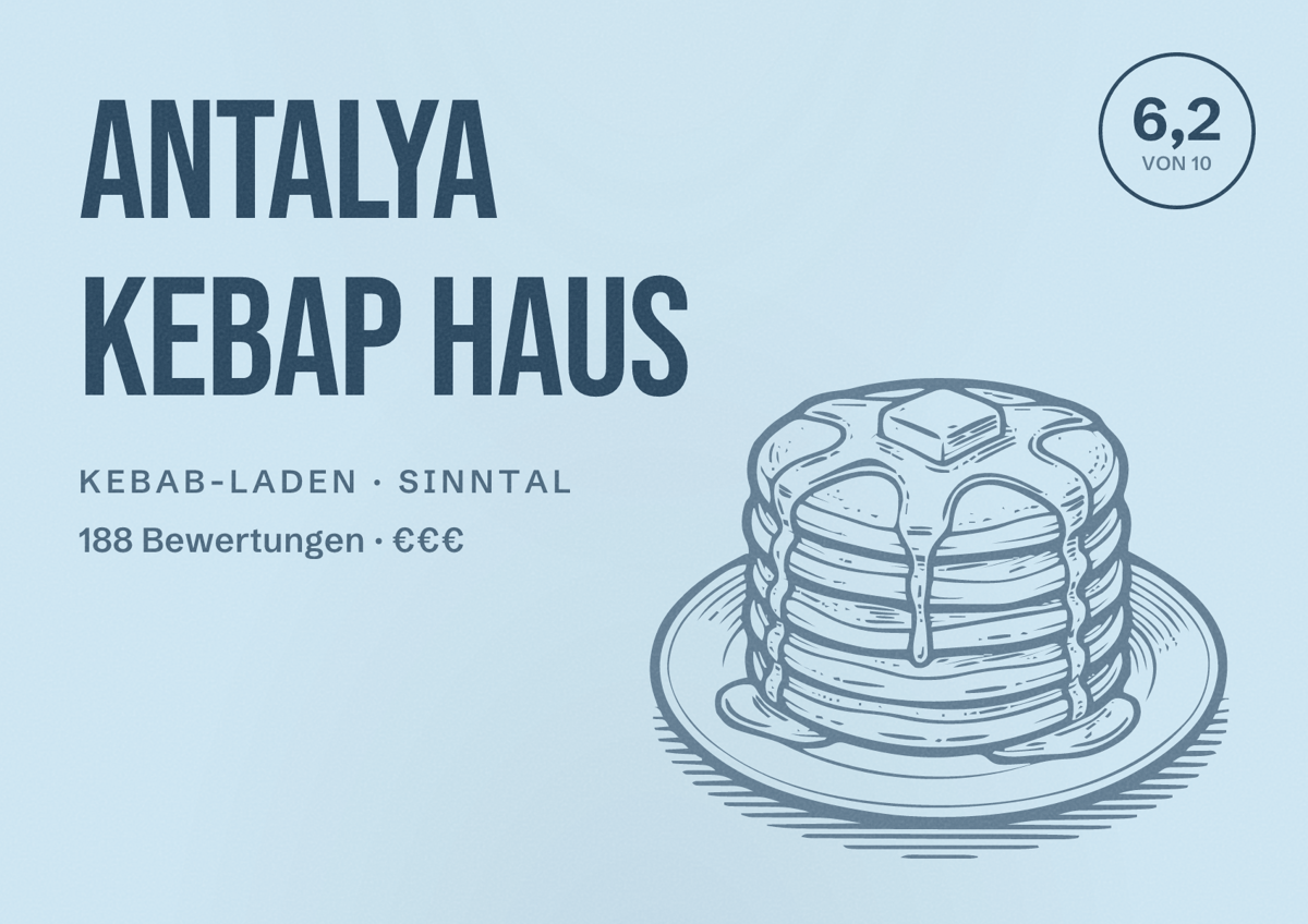 Illustriertes Poster von Antalya Kebap Haus, Kebab-Laden in Sinntal: Bewertung 6,2 von 10 aus 188 Bewertungen, Preisniveau €€€