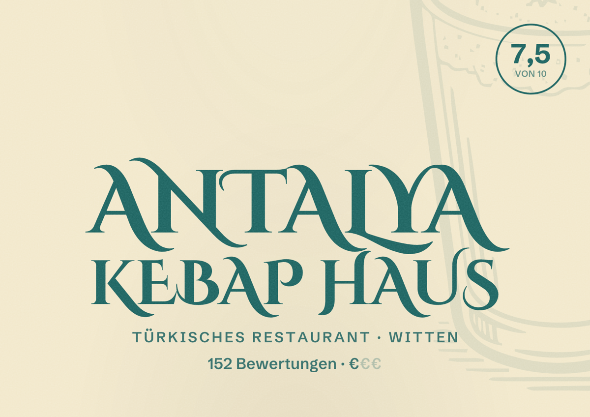 Illustriertes Poster von Antalya Kebap Haus, Türkisches Restaurant in Witten: Bewertung 7,5 von 10 aus 152 Bewertungen, Preisniveau €