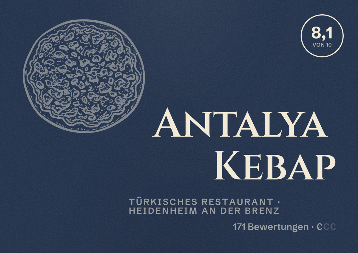 Illustriertes Poster von Antalya Kebap, Türkisches Restaurant in Heidenheim an der Brenz: Bewertung 8,1 von 10 aus 171 Bewertungen, Preisniveau €