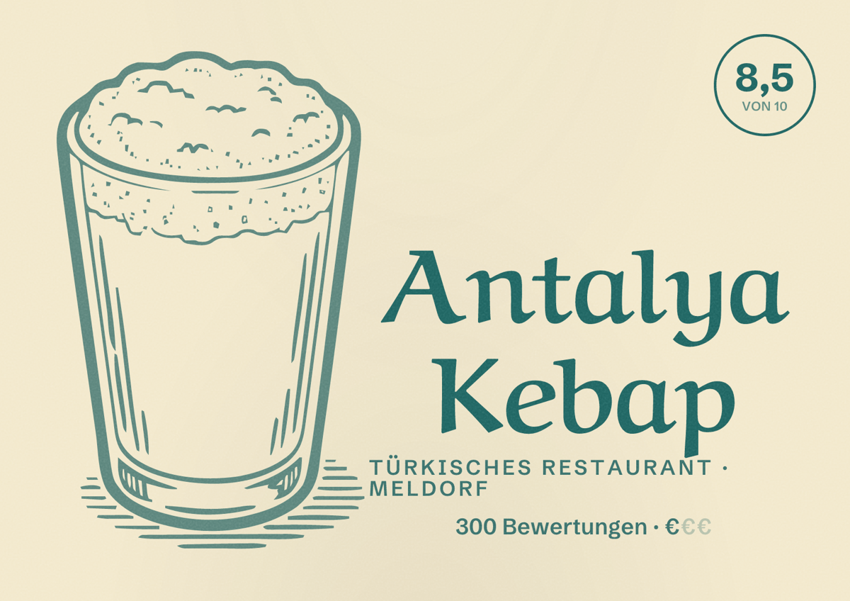 Illustriertes Poster von Antalya Kebap, Türkisches Restaurant in Meldorf: Bewertung 8,5 von 10 aus 300 Bewertungen, Preisniveau €