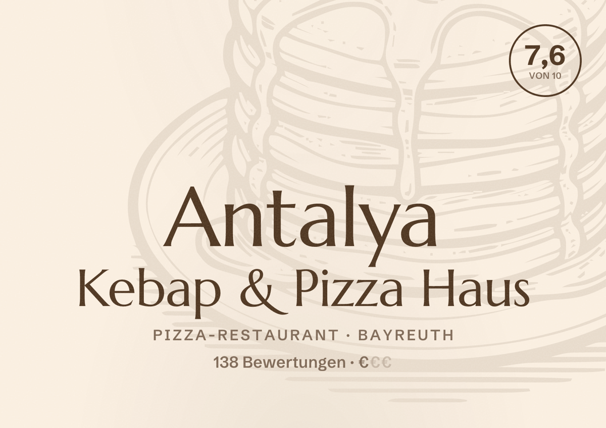 Illustriertes Poster von Antalya Kebap & Pizza Haus, Pizza-Restaurant in Bayreuth: Bewertung 7,6 von 10 aus 138 Bewertungen, Preisniveau €