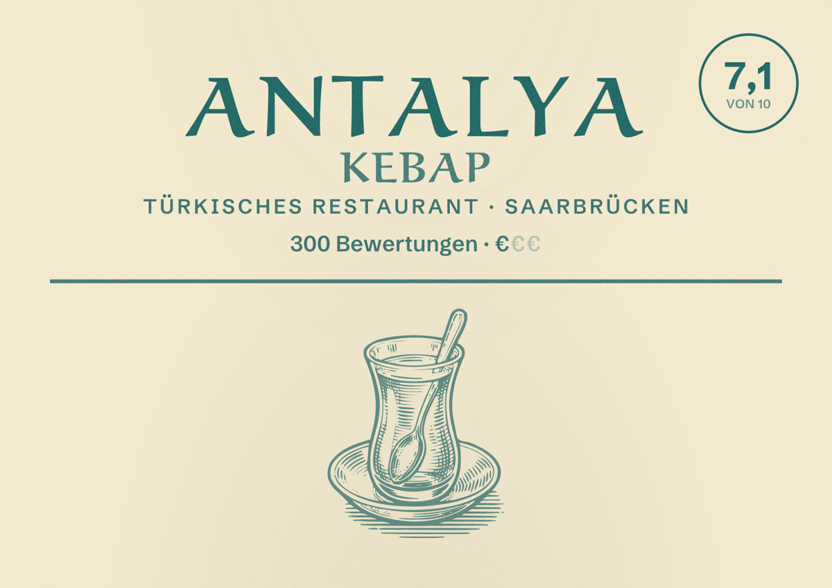 Illustriertes Poster von Antalya Kebap, Türkisches Restaurant in Saarbrücken: Bewertung 7,1 von 10 aus 300 Bewertungen, Preisniveau €