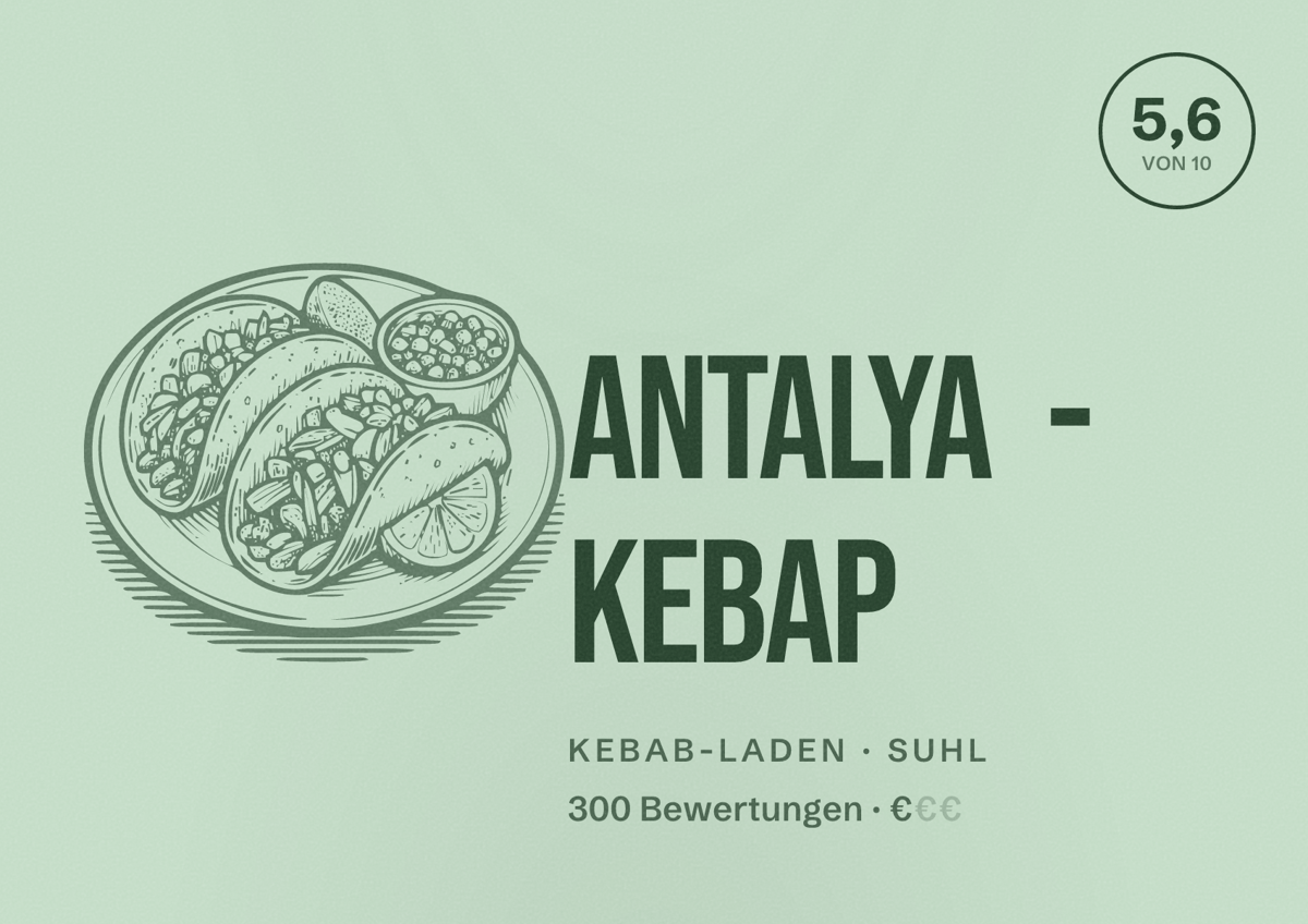 Illustriertes Poster von Antalya - Kebap, Kebab-Laden in Suhl: Bewertung 5,6 von 10 aus 300 Bewertungen, Preisniveau €