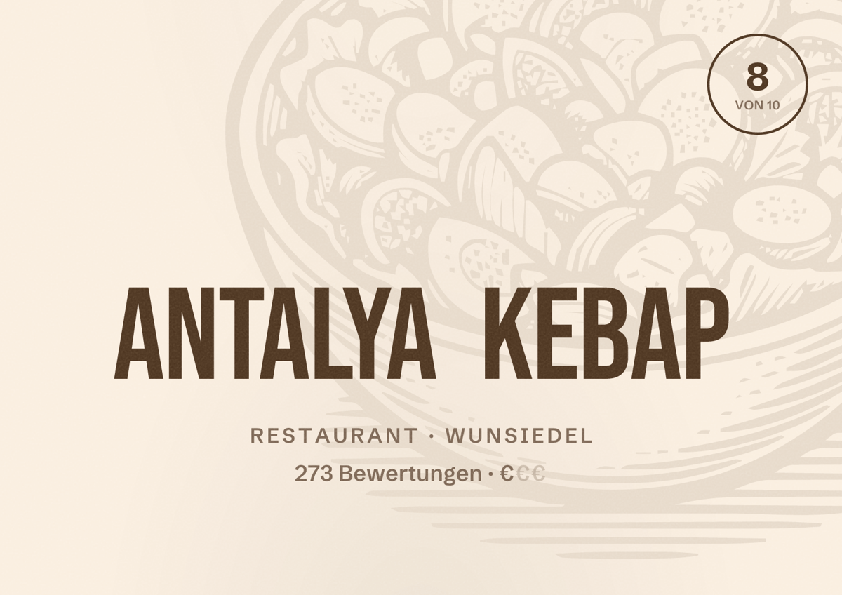 Illustriertes Poster von Antalya kebap, Restaurant in Wunsiedel: Bewertung 8 von 10 aus 273 Bewertungen, Preisniveau €