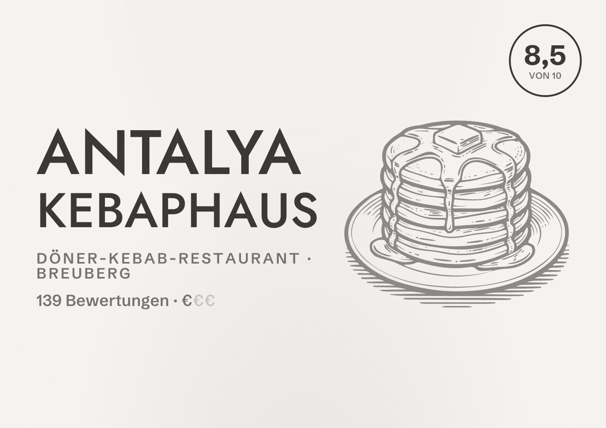 Illustriertes Poster von Antalya Kebaphaus, Döner-Kebab-Restaurant in Breuberg: Bewertung 8,5 von 10 aus 139 Bewertungen, Preisniveau €