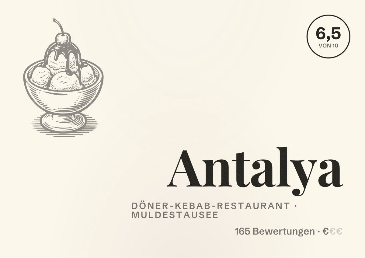 Illustriertes Poster von Antalya, Döner-Kebab-Restaurant in Muldestausee: Bewertung 6,5 von 10 aus 165 Bewertungen, Preisniveau €