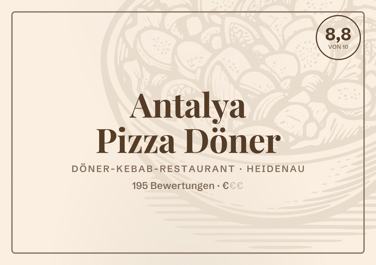 Illustriertes Poster von Antalya Pizza Döner, Döner-Kebab-Restaurant in Heidenau: Bewertung 8,8 von 10 aus 195 Bewertungen, Preisniveau €