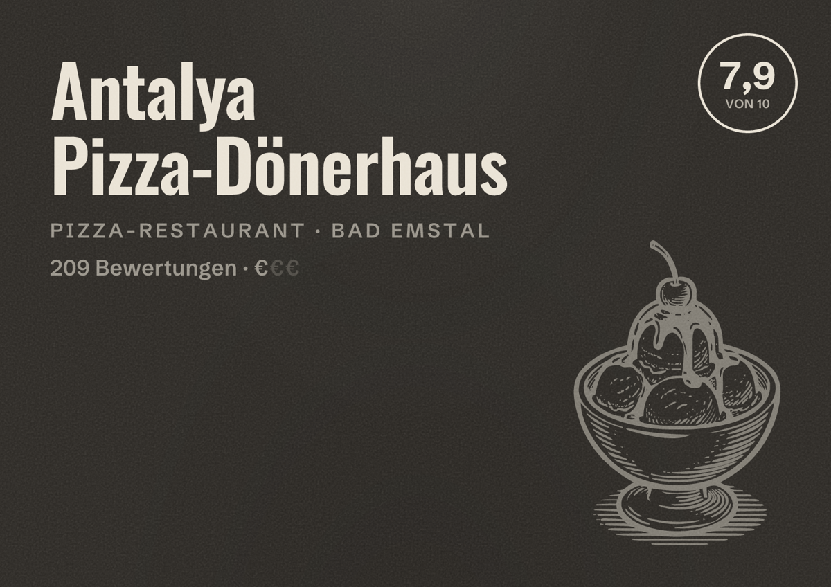 Illustriertes Poster von Antalya Pizza-Dönerhaus, Pizza-Restaurant in Bad Emstal: Bewertung 7,9 von 10 aus 209 Bewertungen, Preisniveau €
