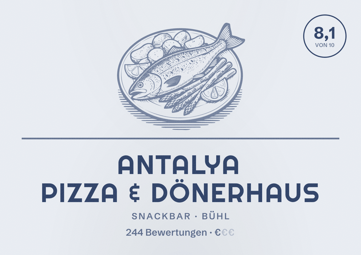 Illustriertes Poster von Antalya Pizza & Dönerhaus, Snackbar in Bühl: Bewertung 8,1 von 10 aus 244 Bewertungen, Preisniveau €