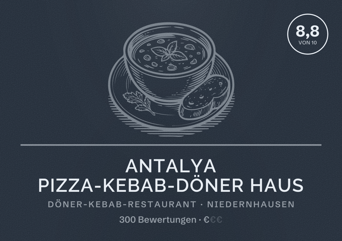 Illustriertes Poster von Antalya Pizza-Kebab-Döner Haus, Döner-Kebab-Restaurant in Niedernhausen: Bewertung 8,8 von 10 aus 300 Bewertungen, Preisniveau €