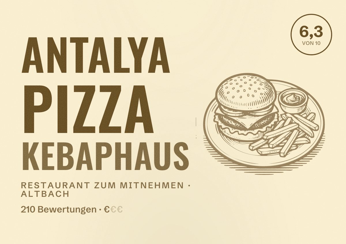Illustriertes Poster von Antalya Pizza Kebaphaus, Restaurant zum Mitnehmen in Altbach: Bewertung 6,3 von 10 aus 210 Bewertungen, Preisniveau €