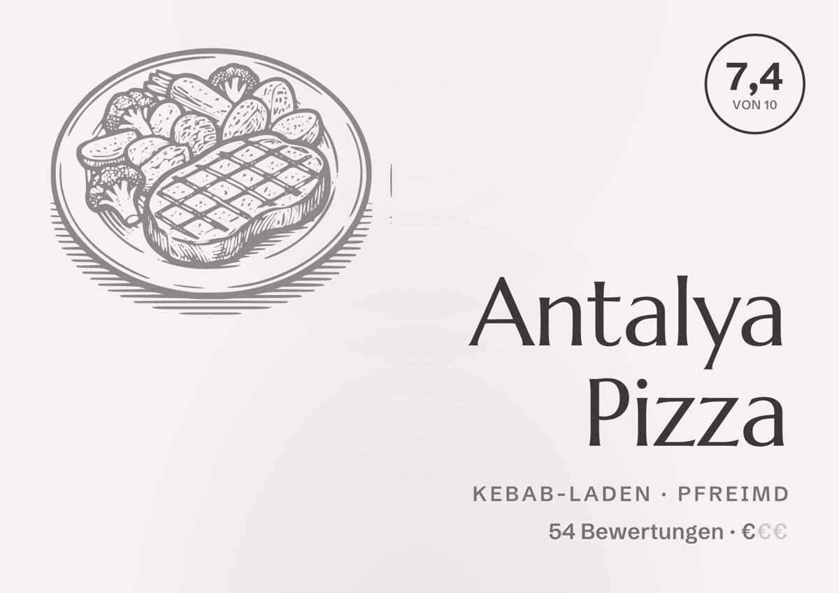Illustriertes Poster von Antalya Pizza, Kebab-Laden in Pfreimd: Bewertung 7,4 von 10 aus 54 Bewertungen, Preisniveau €