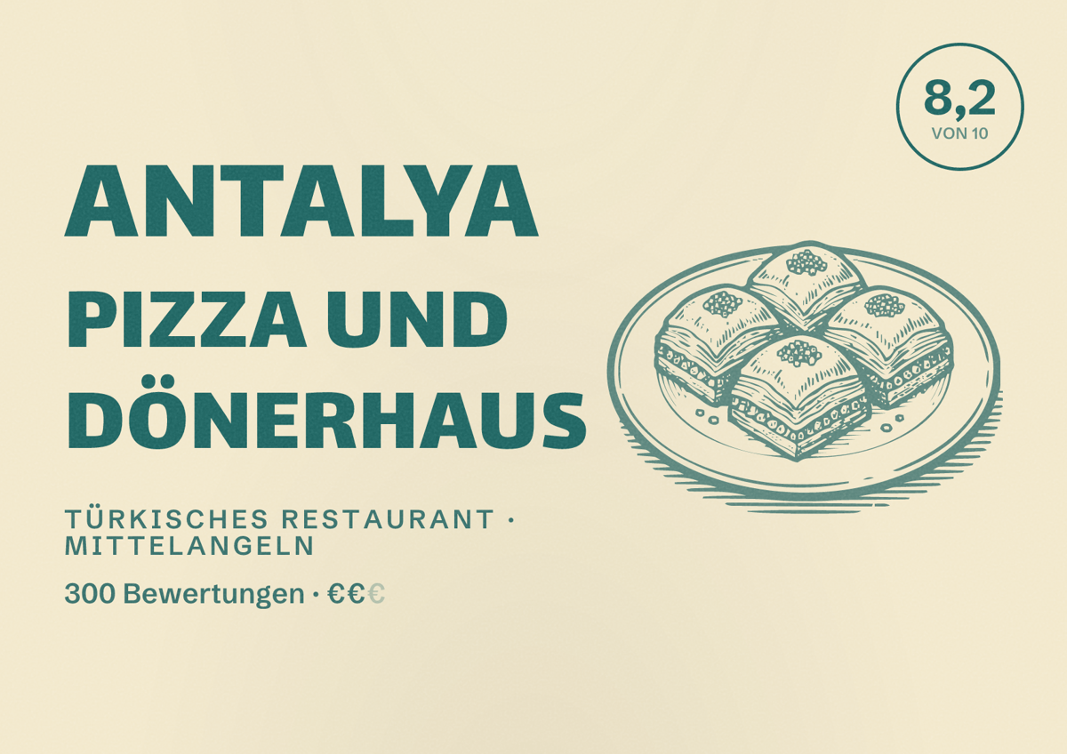 Illustriertes Poster von Antalya Pizza und Dönerhaus, Türkisches Restaurant in Mittelangeln: Bewertung 8,2 von 10 aus 300 Bewertungen, Preisniveau €€