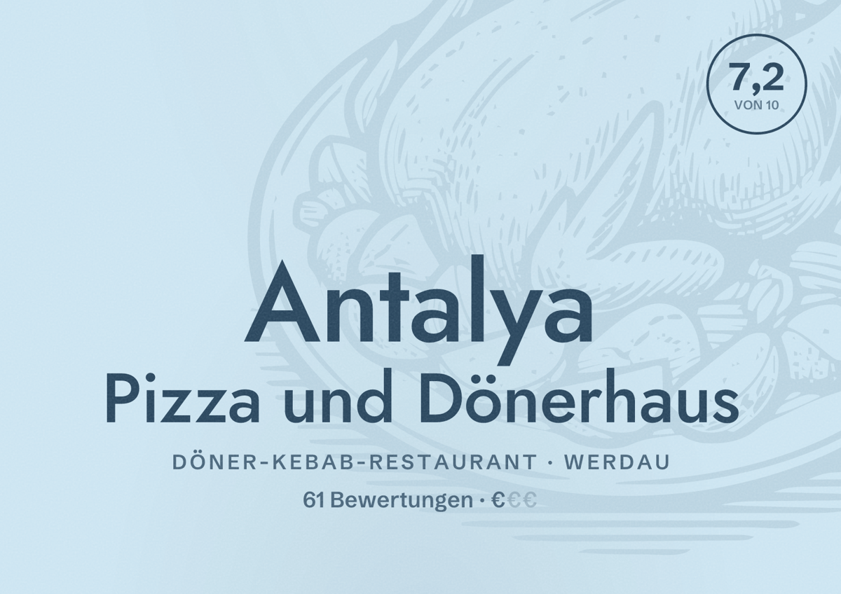 Illustriertes Poster von Antalya Pizza und Dönerhaus, Döner-Kebab-Restaurant in Werdau: Bewertung 7,2 von 10 aus 61 Bewertungen, Preisniveau €