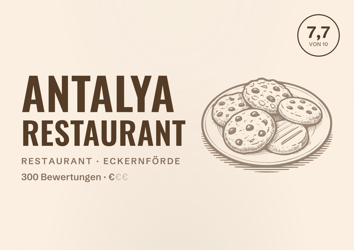 Illustriertes Poster von Antalya Restaurant, Restaurant in Eckernförde: Bewertung 7,7 von 10 aus 300 Bewertungen, Preisniveau €