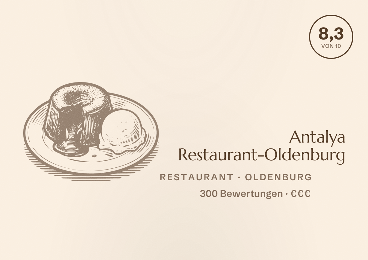 Illustriertes Poster von Antalya Restaurant-Oldenburg, Restaurant in Oldenburg: Bewertung 8,3 von 10 aus 300 Bewertungen, Preisniveau €€€