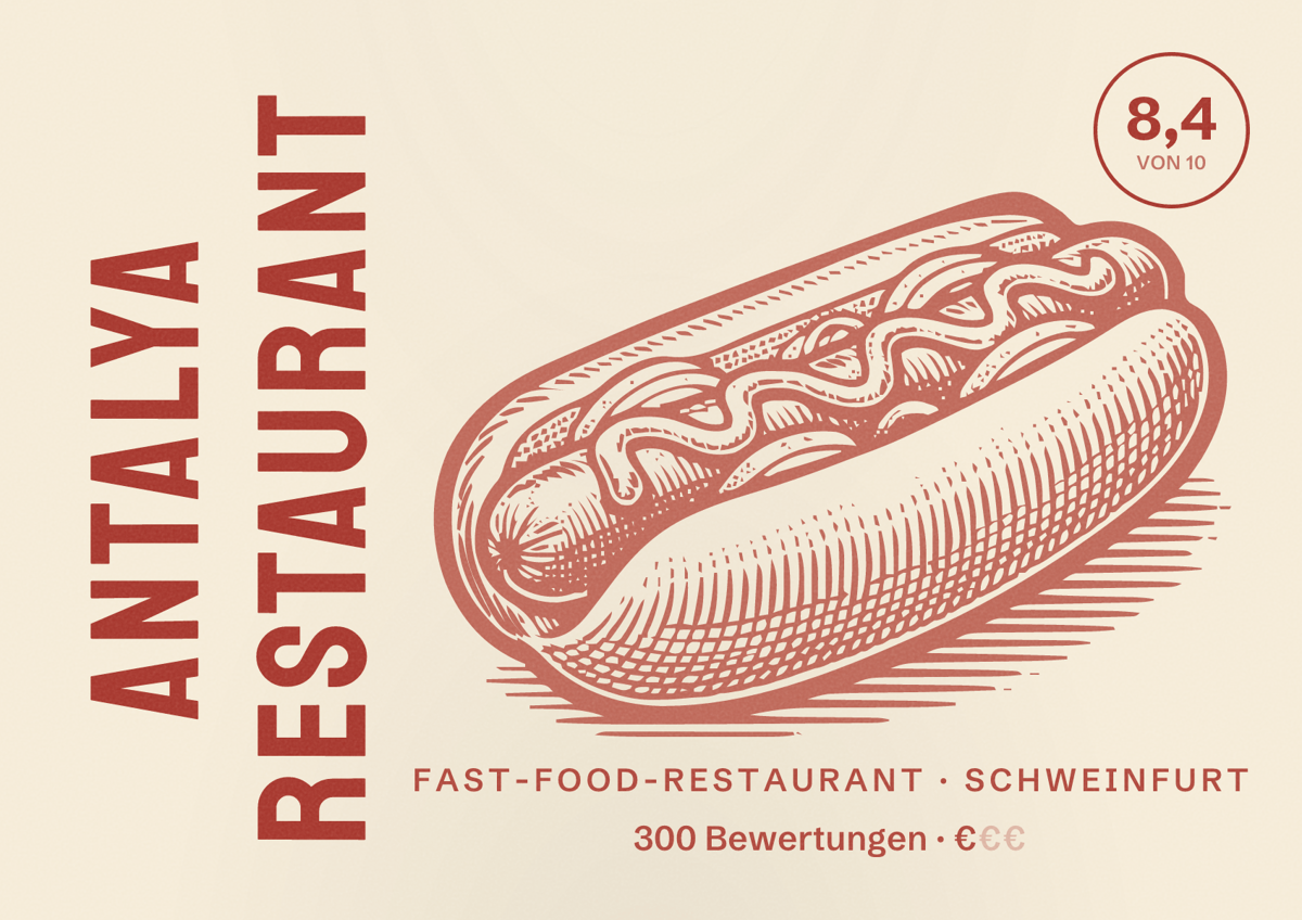 Illustriertes Poster von Antalya Restaurant, Fast-Food-Restaurant in Schweinfurt: Bewertung 8,4 von 10 aus 300 Bewertungen, Preisniveau €