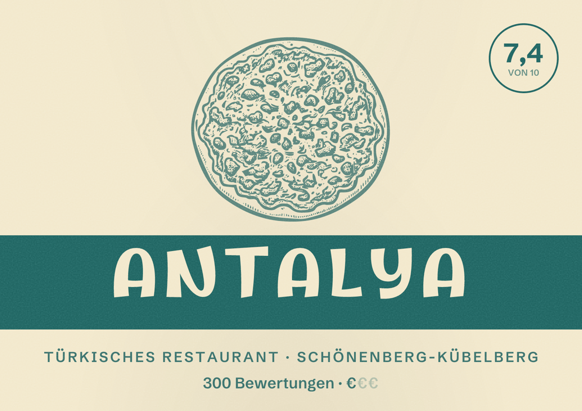 Illustriertes Poster von Antalya, Türkisches Restaurant in Schönenberg-Kübelberg: Bewertung 7,4 von 10 aus 300 Bewertungen, Preisniveau €