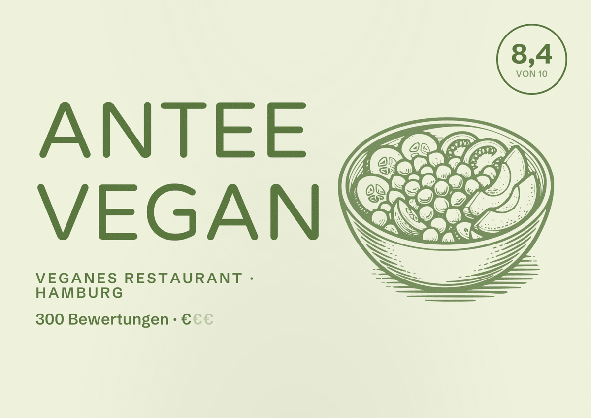 Illustriertes Poster von AnTee Vegan, Veganes Restaurant in Hamburg: Bewertung 8,4 von 10 aus 300 Bewertungen, Preisniveau €
