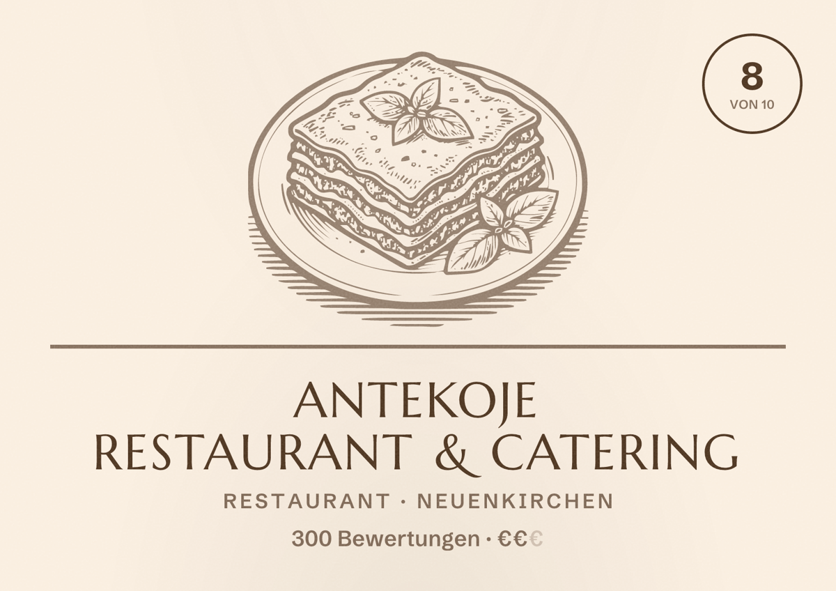 Illustriertes Poster von Antekoje Restaurant & Catering, Restaurant in Neuenkirchen: Bewertung 8 von 10 aus 300 Bewertungen, Preisniveau €€