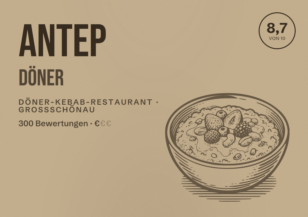 Illustriertes Poster von Antep Döner, Döner-Kebab-Restaurant in Großschönau: Bewertung 8,7 von 10 aus 300 Bewertungen, Preisniveau €