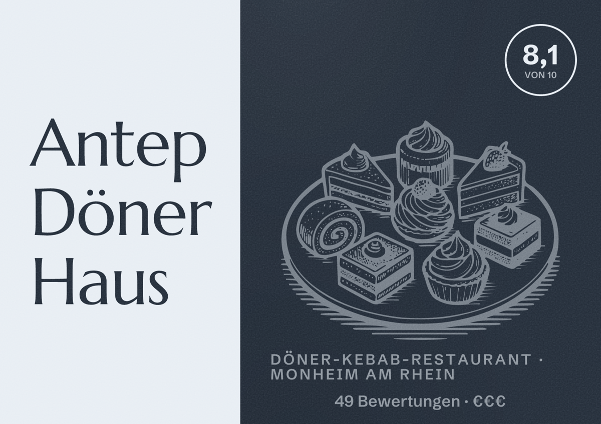 Illustriertes Poster von Antep Döner Haus, Döner-Kebab-Restaurant in Monheim am Rhein: Bewertung 8,1 von 10 aus 49 Bewertungen, Preisniveau €€€