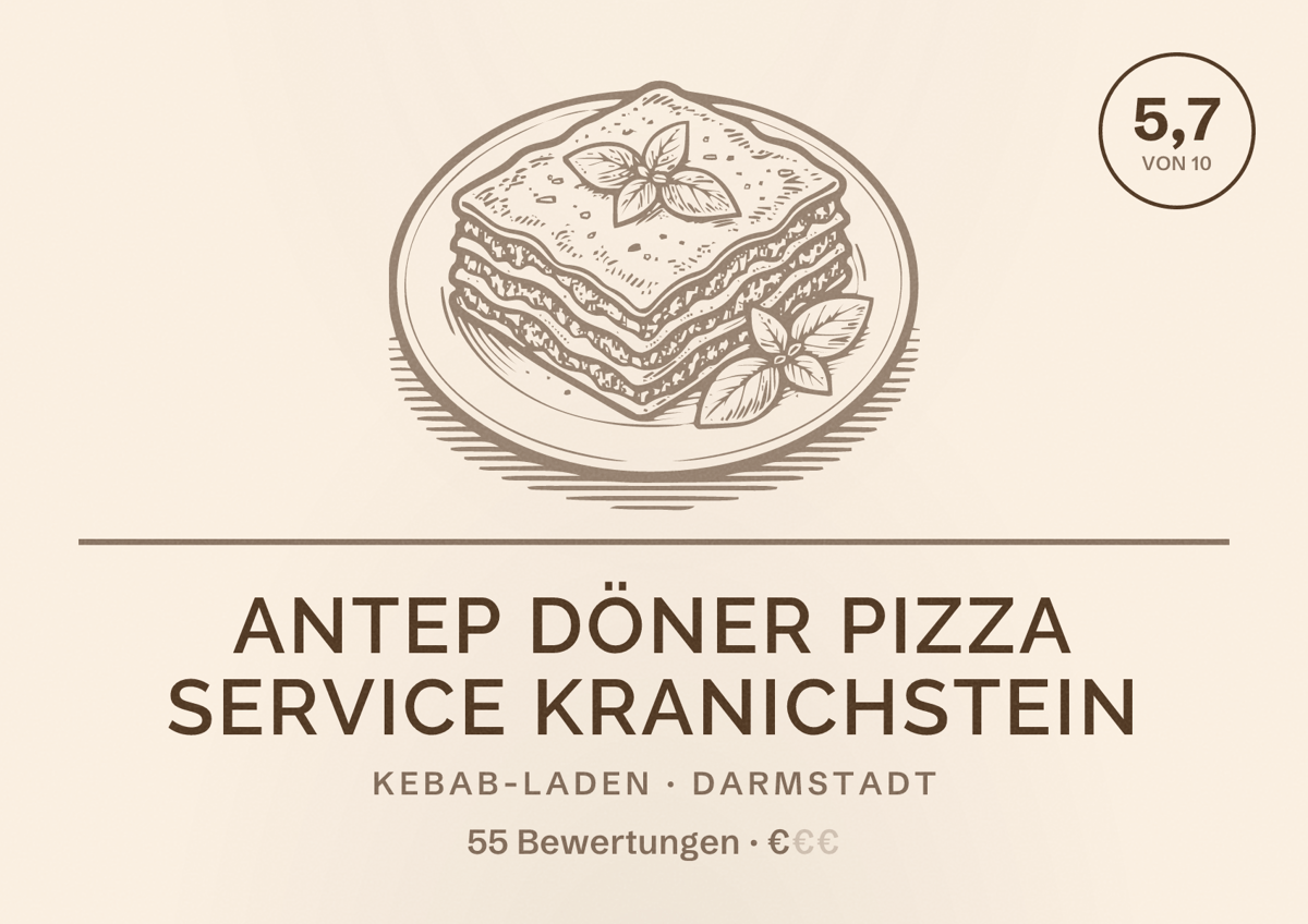 Illustriertes Poster von Antep Döner Pizza Service Kranichstein, Kebab-Laden in Darmstadt: Bewertung 5,7 von 10 aus 55 Bewertungen, Preisniveau €