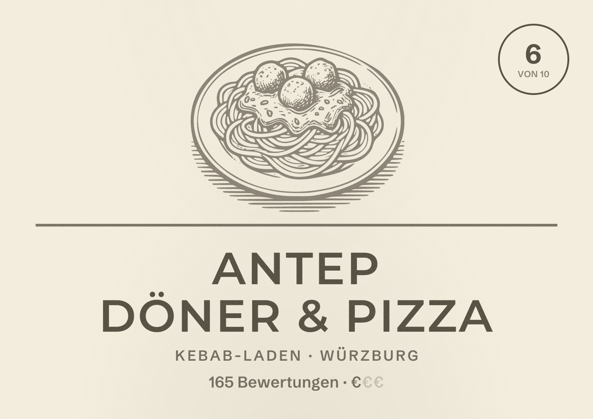 Illustriertes Poster von Antep Döner & Pizza, Kebab-Laden in Würzburg: Bewertung 6 von 10 aus 165 Bewertungen, Preisniveau €