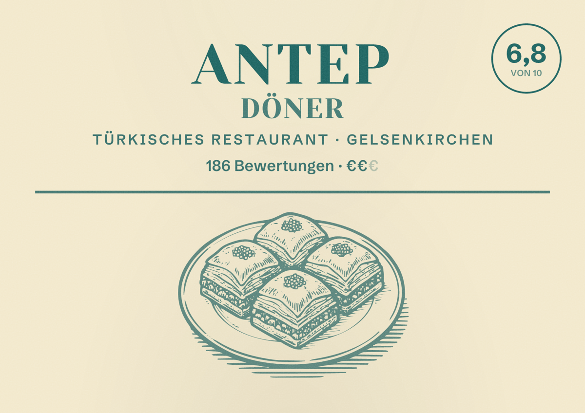 Illustriertes Poster von Antep Döner, Türkisches Restaurant in Gelsenkirchen: Bewertung 6,8 von 10 aus 186 Bewertungen, Preisniveau €€