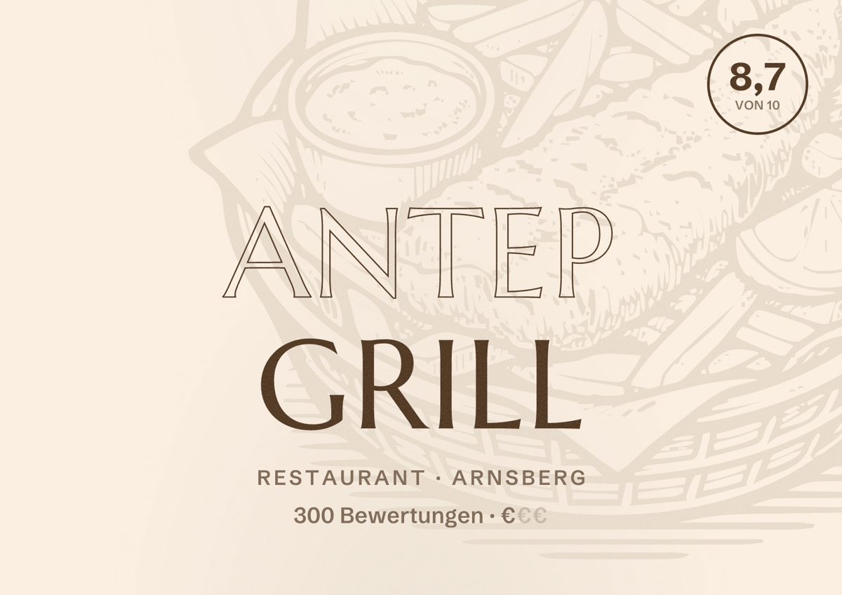 Illustriertes Poster von Antep Grill, Restaurant in Arnsberg: Bewertung 8,7 von 10 aus 300 Bewertungen, Preisniveau €
