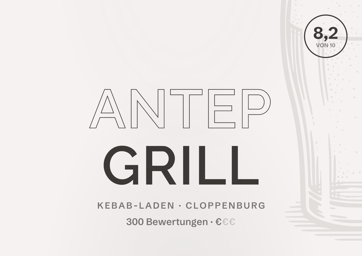 Illustriertes Poster von Antep Grill, Kebab-Laden in Cloppenburg: Bewertung 8,2 von 10 aus 300 Bewertungen, Preisniveau €