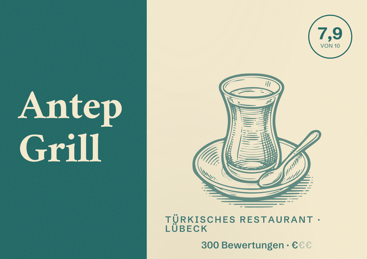Illustriertes Poster von Antep Grill, Türkisches Restaurant in Lübeck: Bewertung 7,9 von 10 aus 300 Bewertungen, Preisniveau €