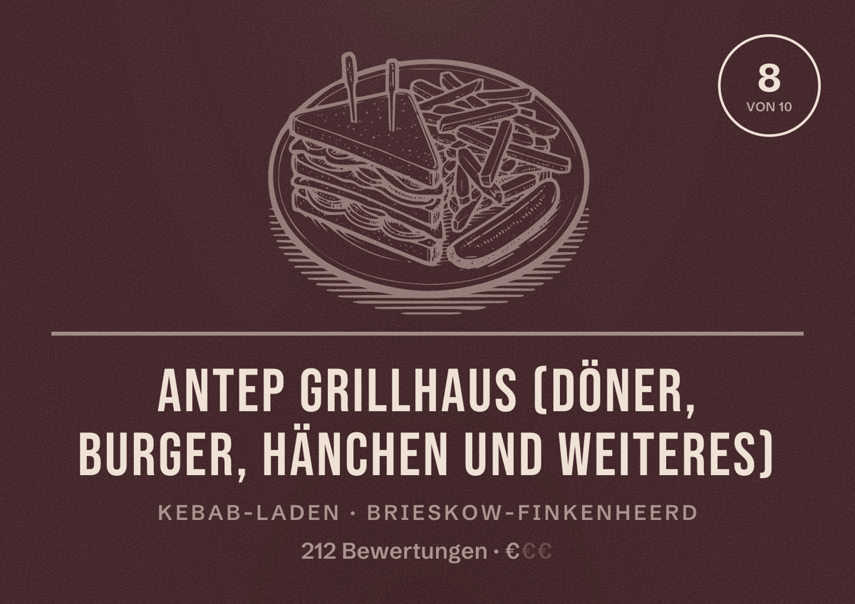 Illustriertes Poster von Antep Grillhaus (Döner, Burger, Hänchen Und Weiteres), Kebab-Laden in Brieskow-Finkenheerd: Bewertung 8 von 10 aus 212 Bewertungen, Preisniveau €