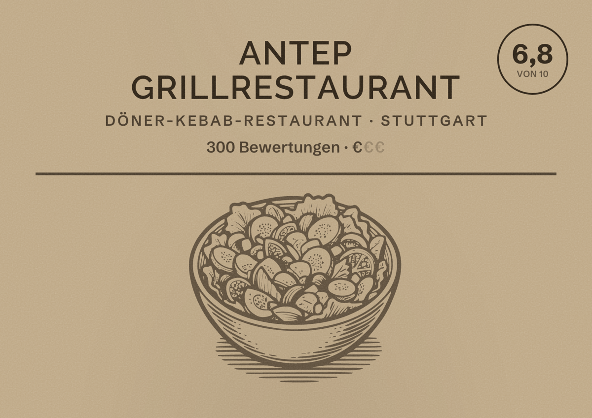 Illustriertes Poster von Antep Grillrestaurant, Döner-Kebab-Restaurant in Stuttgart: Bewertung 6,8 von 10 aus 300 Bewertungen, Preisniveau €