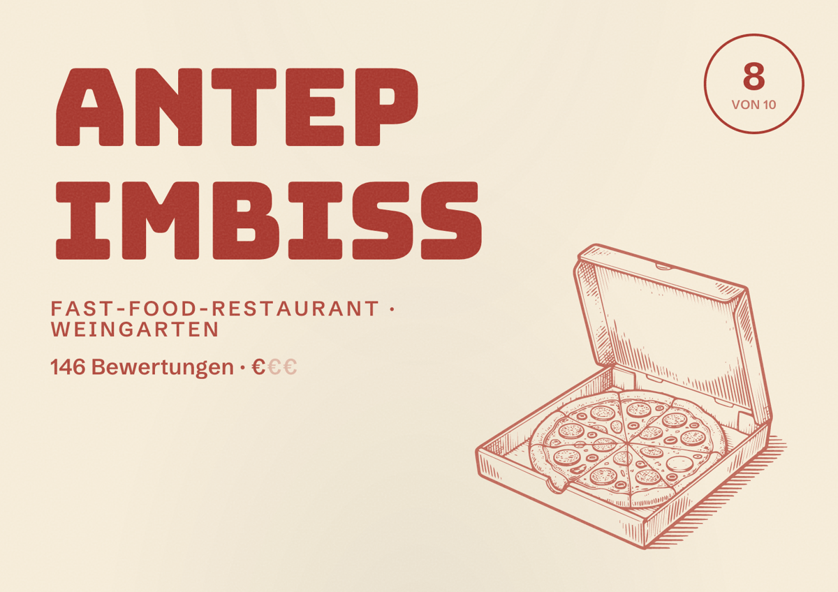 Illustriertes Poster von Antep Imbiss, Fast-Food-Restaurant in Weingarten: Bewertung 8 von 10 aus 146 Bewertungen, Preisniveau €