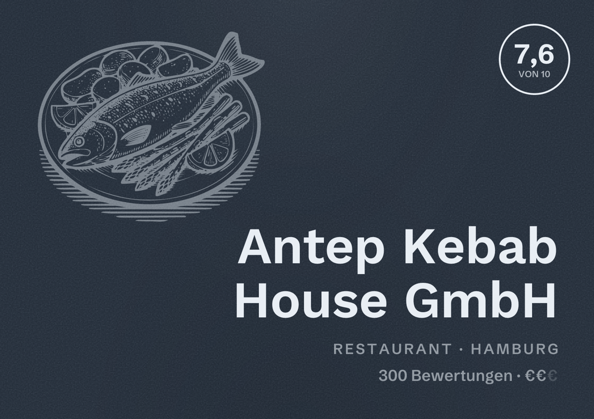 Illustriertes Poster von Antep Kebab House GmbH, Restaurant in Hamburg: Bewertung 7,6 von 10 aus 300 Bewertungen, Preisniveau €€
