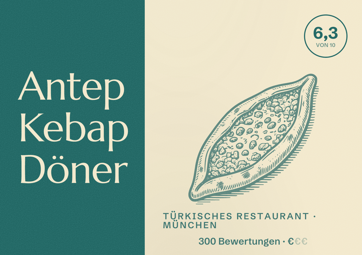 Illustriertes Poster von Antep Kebap Döner, Türkisches Restaurant in München: Bewertung 6,3 von 10 aus 300 Bewertungen, Preisniveau €
