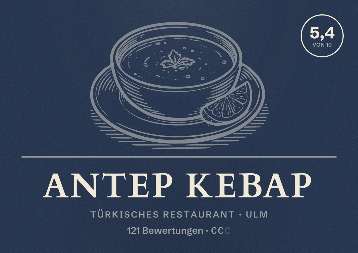 Illustriertes Poster von Antep Kebap, Türkisches Restaurant in Ulm: Bewertung 5,4 von 10 aus 121 Bewertungen, Preisniveau €€