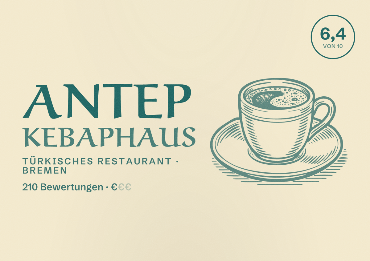 Illustriertes Poster von Antep Kebaphaus, Türkisches Restaurant in Bremen: Bewertung 6,4 von 10 aus 210 Bewertungen, Preisniveau €