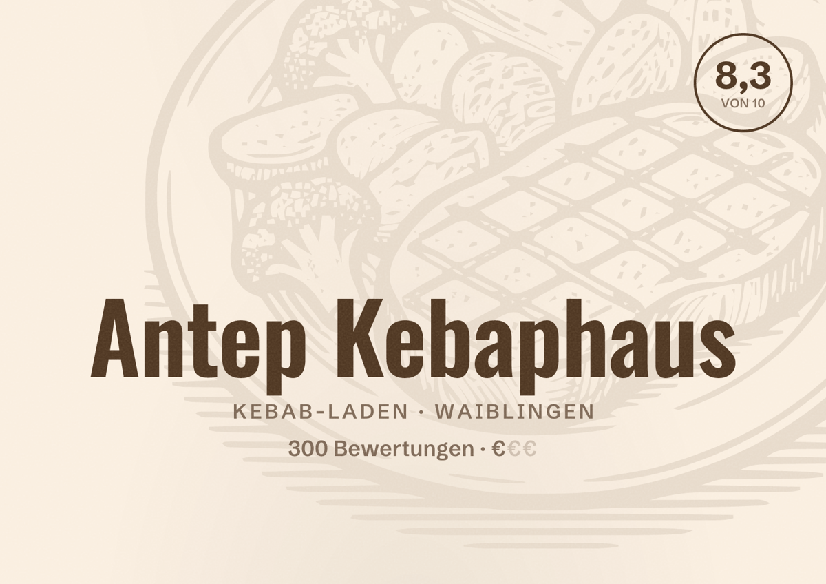 Illustriertes Poster von Antep Kebaphaus, Kebab-Laden in Waiblingen: Bewertung 8,3 von 10 aus 300 Bewertungen, Preisniveau €