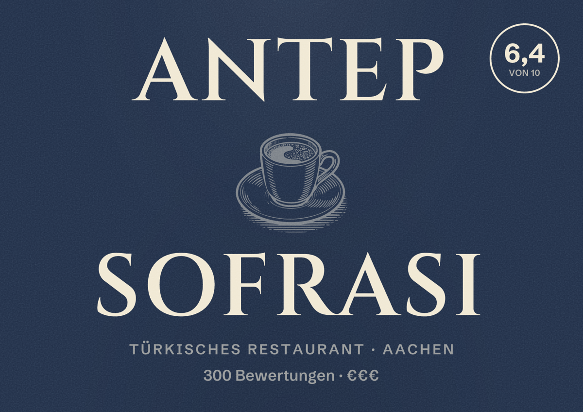 Illustriertes Poster von Antep Sofrasi, Türkisches Restaurant in Aachen: Bewertung 6,4 von 10 aus 300 Bewertungen, Preisniveau €€€
