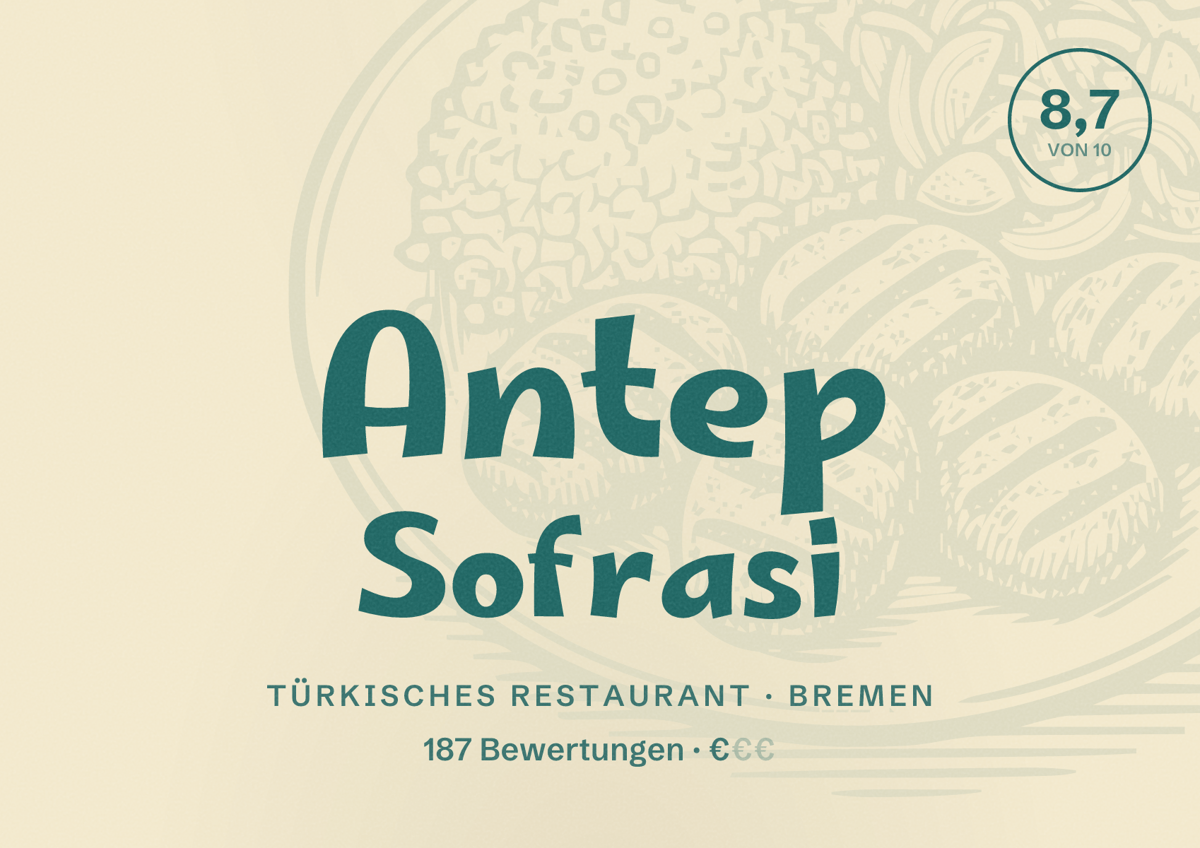 Illustriertes Poster von Antep Sofrasi, Türkisches Restaurant in Bremen: Bewertung 8,7 von 10 aus 187 Bewertungen, Preisniveau €