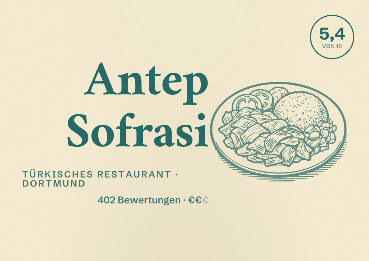Illustriertes Poster von Antep Sofrasi, Türkisches Restaurant in Dortmund: Bewertung 5,4 von 10 aus 402 Bewertungen, Preisniveau €€