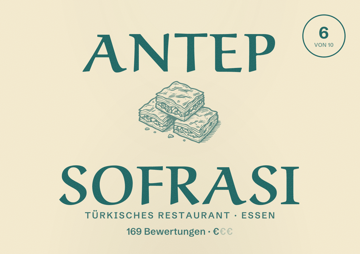 Illustriertes Poster von Antep Sofrasi, Türkisches Restaurant in Essen: Bewertung 6 von 10 aus 169 Bewertungen, Preisniveau €