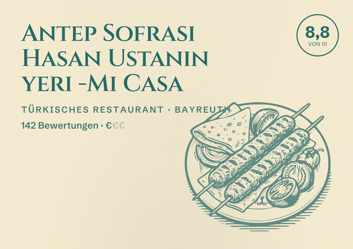 Illustriertes Poster von Antep Sofrası Hasan Ustanın yeri -Mi Casa, Türkisches Restaurant in Bayreuth: Bewertung 8,8 von 10 aus 142 Bewertungen, Preisniveau €