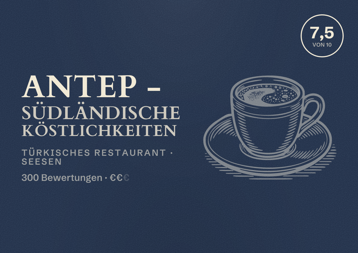 Illustriertes Poster von Antep - Südländische Köstlichkeiten, Türkisches Restaurant in Seesen: Bewertung 7,5 von 10 aus 300 Bewertungen, Preisniveau €€