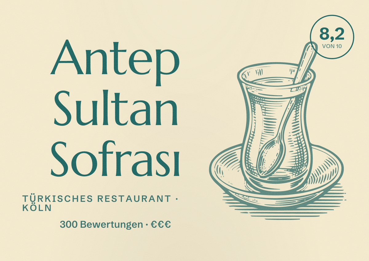 Illustriertes Poster von Antep Sultan Sofrası, Türkisches Restaurant in Köln: Bewertung 8,2 von 10 aus 300 Bewertungen, Preisniveau €€€